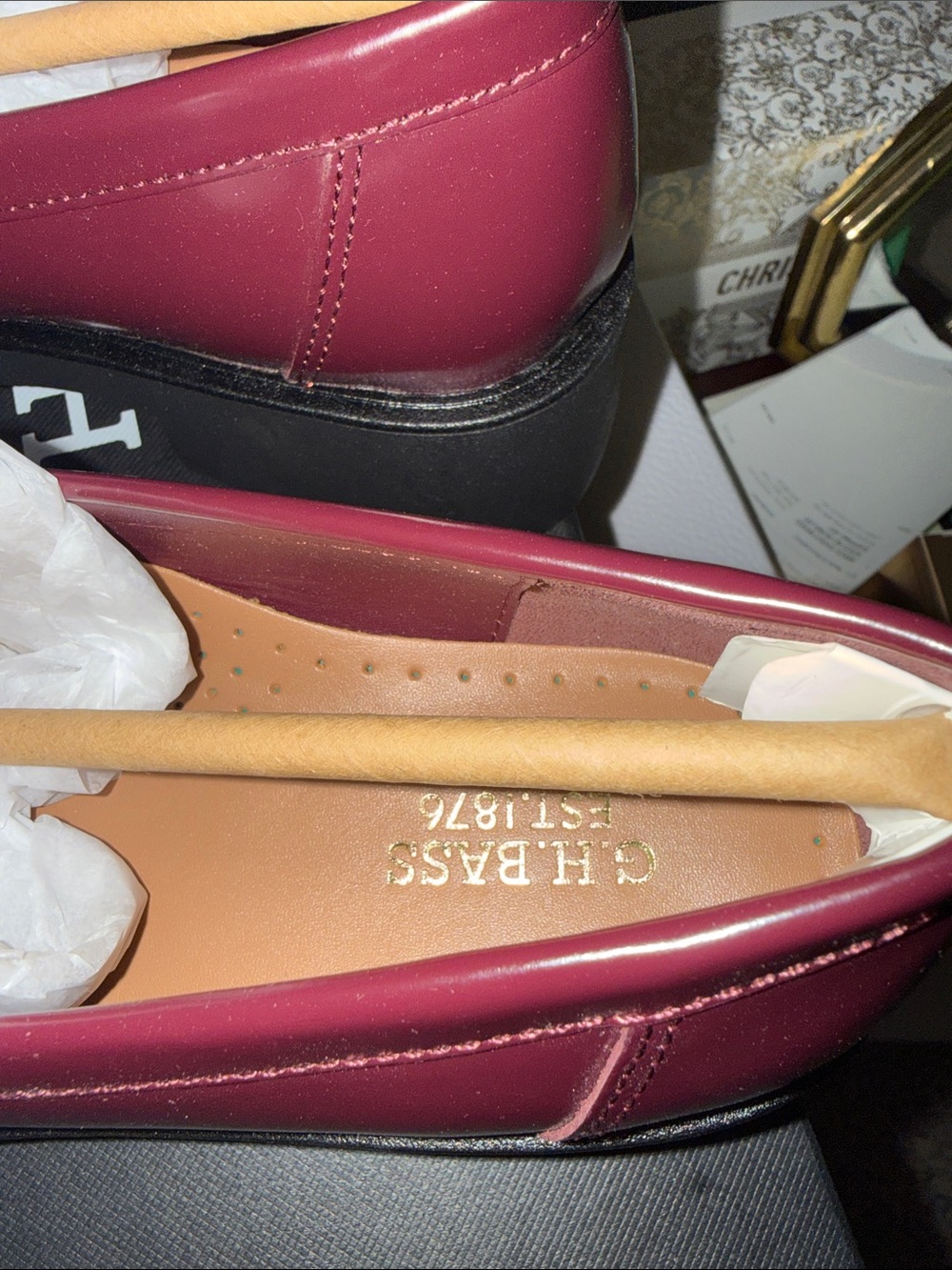 G.H. Bass Bowery Square Toe Penny Loafers Wine Cream Leather Size 6.5 NIB - Picture 5 of 8
